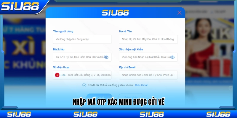  Điền mã OTP xác thực được hệ thống gửi đến